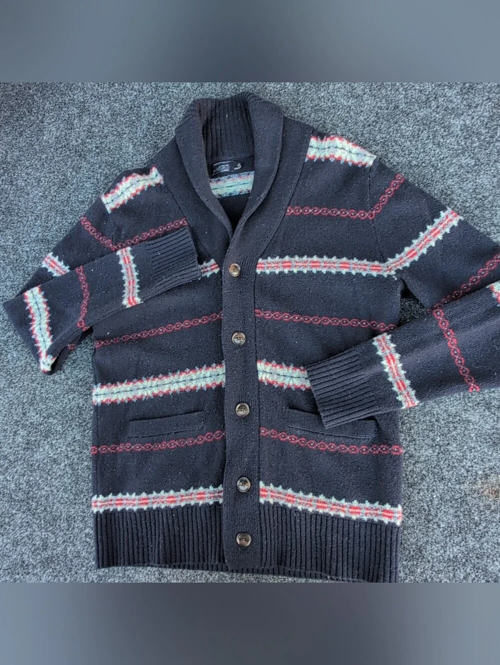 J Crew Cardigan Sweater Mens Small Blue Shawl Collar Lambswool Fair Isle Nordic